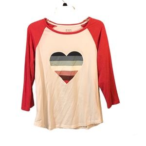 EV1 Ellen Degeneres Baseball 3/4 Length Sleeve Striped Heart Novelty Tee